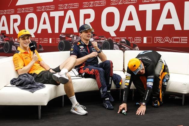81 Oscar Piastri (AUS, McLaren F1 Team), 1 Max Verstappen (NLD, Oracle Red Bull Racing), 4 Lando Norris (GBR, McLaren F1 Team), F1 Grand Prix of Qatar at Lusail International Circuit on October 8, 2023 in Doha, Qatar. (Photo by HOCH ZWEI) Doha Qatar