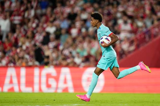 Granada CF v FC Barcelona, Barca - LaLiga EA Sports Lamine Yamal right winger of Barcelona and Spain celebrates after scoring his sides first goal during the LaLiga EA Sports match between Granada CF and FC Barcelona at Estadio Nuevo Los Carmenes on October 8, 2023 in Granada, Spain. Granada Spain  Copyright: xJosexBretonx originalFilename:breton-granadac231008_npRBq.jpg