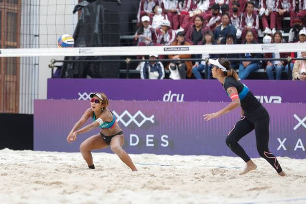 Italy Vs Japan Women™s Match - Beach volleyball, Beachvolleyball World Cup October 6, 2023, Tlaxcala, Mexico: Miki Ishii (1) and Sayaka Mizoe (2) of team Japan competes against team Italy during the Women™s Japan vs Italy match of the Beach Volleyball World Cup. on October 6, 2023 in Tlaxcala, Mexico. (Photo by Essene Hernandez Eyepix Group) Copyright: xEssenexHernandez xEyepixxGroupx EH_09102023_100607