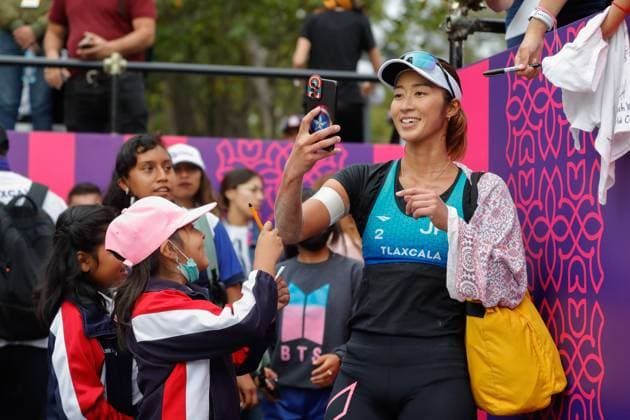 Italy Vs Japan Women™s Match - Beach volleyball, Beachvolleyball World Cup October 6, 2023, Tlaxcala, Mexico: Sayaka Mizoe of team Japan takes a selfie during the Women™s Japan vs Italy match of the Beach Volleyball World Cup. on October 6, 2023 in Tlaxcala, Mexico. (Photo by Essene Hernandez Eyepix Group) Copyright: xEssenexHernandez xEyepixxGroupx EH_09102023_100616