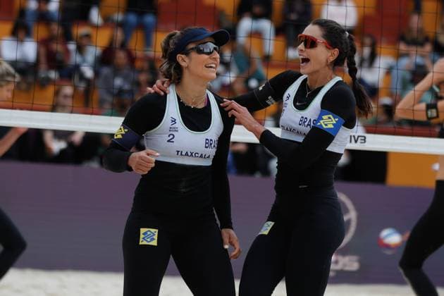 Brazil Vs Germany Women™s Match - Beach volleyball, Beachvolleyball World Cup October 9, 2023, Tlaxcala, Mexico: Carolina Solberg (1) and Barbara Seixas de Freitas (2) of Brazil celebrate during the Brazil vs Germany Women™s match of the Beach Volleyball World Cup. on October 9, 2023 in Tlaxcala, Mexico. (Photo by Essene Hernandez Eyepix Group) Copyright: xEssenexHernandez xEyepixxGroupx EH_09102023_100624