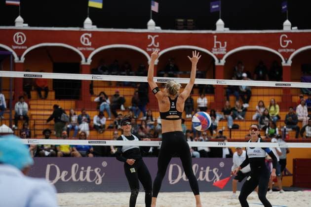 Brazil Vs Germany Women™s Match - Beach volleyball, Beachvolleyball World Cup October 9, 2023, Tlaxcala, Mexico: Louisa Lippmann (2) of team Germany competes against team Brazil during the Brazil vs Germany Women™s match of the Beach Volleyball World Cup. on October 9, 2023 in Tlaxcala, Mexico. (Photo by Essene Hernandez Eyepix Group) Copyright: xEssenexHernandez xEyepixxGroupx EH_09102023_100627