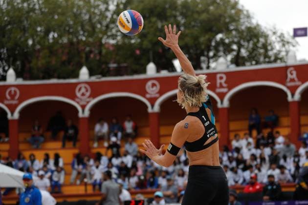 Brazil Vs Germany Women™s Match - Beach volleyball, Beachvolleyball World Cup October 9, 2023, Tlaxcala, Mexico: Laura Ludwig (1) of team Germany competes against team Brazil during the Brazil vs Germany Women™s match of the Beach Volleyball World Cup. on October 9, 2023 in Tlaxcala, Mexico. (Photo by Essene Hernandez Eyepix Group) Copyright: xEssenexHernandez xEyepixxGroupx EH_09102023_100632