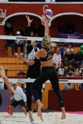 Brazil Vs Germany Women™s Match - Beach volleyball, Beachvolleyball World Cup October 9, 2023, Tlaxcala, Mexico: Laura Ludwig (1) of team Germany competes against Carolina Solberg (1) team Brazil during the Brazil vs Germany Women™s match of the Beach Volleyball World Cup. on October 9, 2023 in Tlaxcala, Mexico. (Photo by Essene Hernandez Eyepix Group) Copyright: xEssenexHernandez xEyepixxGroupx EH_09102023_100633