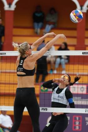 Brazil Vs Germany Women™s Match - Beach volleyball, Beachvolleyball World Cup October 9, 2023, Tlaxcala, Mexico: Louisa Lippmann (2) of team Germany competes against Barbara Seixas de Freitas (2) of team Brazil during the Brazil vs Germany Women™s match of the Beach Volleyball World Cup. on October 9, 2023 in Tlaxcala, Mexico. (Photo by Essene Hernandez Eyepix Group) Copyright: xEssenexHernandez xEyepixxGroupx EH_09102023_100639