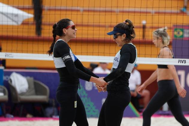 Brazil Vs Germany Women™s Match - Beach volleyball, Beachvolleyball World Cup October 9, 2023, Tlaxcala, Mexico: Carolina Solberg (1) and Barbara Seixas de Freitas (2) of Brazil celebrate during the Brazil vs Germany Women™s match of the Beach Volleyball World Cup. on October 9, 2023 in Tlaxcala, Mexico. (Photo by Essene Hernandez Eyepix Group) Copyright: xEssenexHernandez xEyepixxGroupx EH_09102023_100644