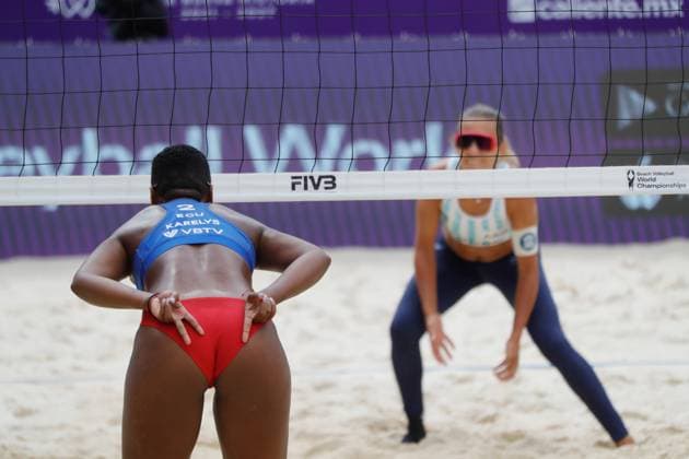 October 9, 2023, Tlaxcala, Mexico: Karelys Simisterra Ortiz (2) of Ecuador competes against team Argentina during the Ecuador vs Argentina match of Women s Beach World Championship, WM, Weltmeisterschaft Tlaxcala. on October 9, 2023 in Tlaxcala, Mexico. Tlaxcala Mexico - ZUMAe321 0307703894st Copyright: xEssenexHernandezx