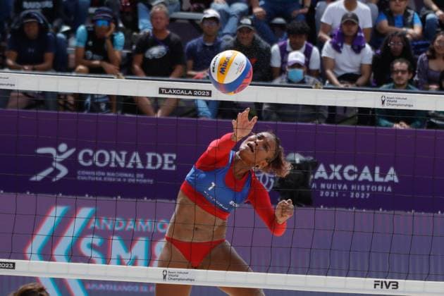 October 9, 2023, Tlaxcala, Mexico: Ariana Castro Jarrin (1) of Ecuador competes against team Argentina during the Ecuador vs Argentina match of Women s Beach World Championship, WM, Weltmeisterschaft Tlaxcala. on October 9, 2023 in Tlaxcala, Mexico. Tlaxcala Mexico - ZUMAe321 0307704091st Copyright: xEssenexHernandezx