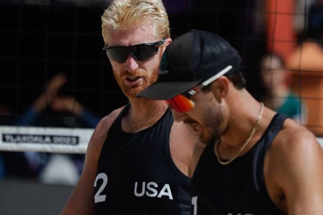 Men™s Match USA Vs Mexico Beach volleyball, Beachvolleyball World Cup October 10, 2023, Tlaxcala, Mexico: Chase Budinger (L) and Miles Evans of United States competes against team Mexico during the Beach Volleyball World Cup Men s match between USA and Mexico. on October 10, 2023 in Tlaxcala, Mexico. (Photo by Essene Hernandez Eyepix Group) Copyright: xEssenexHernandez xEyepixxGroupx EH_10102023_100910