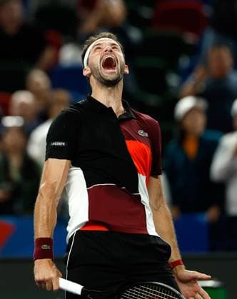 (231011) -- SHANGHAI, Oct. 11, 2023 -- Grigor Dimitrov of Bulgaria jubilates after winning the men s singles round of 16 match between Carlos Alcaraz of Spain and Grigor Dimitrov of Bulgaria at the ATP, Tennis Herren Shanghai Masters tennis tournament in Shanghai, east China, Oct. 11, 2023. ) (SP)CHINA-SHANGHAI-TENNIS-ATP TOUR-SHANGHAI MASTERS(CN) WangxLili 