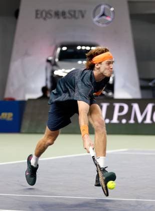 (231011) -- SHANGHAI, Oct. 11, 2023 -- Andrey Rublev returns the ball during the men s singles round of 16 match between Tommy Paul of the United States and Andrey Rublev of Russia at the ATP, Tennis Herren Shanghai Masters tennis tournament in Shanghai, east China, Oct. 11, 2023. ) (SP)CHINA-SHANGHAI-TENNIS-ATP TOUR-SHANGHAI MASTERS(CN) WangxLili 