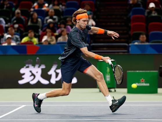 (231011) -- SHANGHAI, Oct. 11, 2023 -- Andrey Rublev returns the ball during the men s singles round of 16 match between Tommy Paul of the United States and Andrey Rublev of Russia at the ATP, Tennis Herren Shanghai Masters tennis tournament in Shanghai, east China, Oct. 11, 2023. ) (SP)CHINA-SHANGHAI-TENNIS-ATP TOUR-SHANGHAI MASTERS(CN) WangxLili 