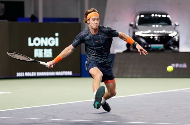 (231011) -- SHANGHAI, Oct. 11, 2023 -- Andrey Rublev returns the ball during the men s singles round of 16 match between Tommy Paul of the United States and Andrey Rublev of Russia at the ATP, Tennis Herren Shanghai Masters tennis tournament in Shanghai, east China, Oct. 11, 2023. ) (SP)CHINA-SHANGHAI-TENNIS-ATP TOUR-SHANGHAI MASTERS(CN) WangxLili 