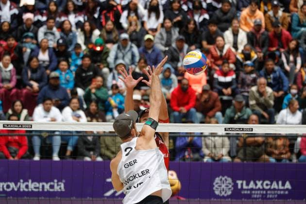 Beach volleyball, Beachvolleyball World Cup Men™s Between Germany and Austria October 11, 2023, Tlaxcala, Mexico: Clemens Wickler of Germany competes against team Austria during the Beach Volleyball World Cup Men s match between Austria and Germany. on October 11, 2023 in Tlaxcala, Mexico. (Photo by Essene Hernandez Eyepix Group) Copyright: xEssenexHernandez xEyepixxGroupx EH_11102023_101054