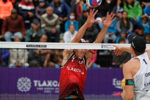 Beach volleyball, Beachvolleyball World Cup Men™s Between Germany and Austria October 11, 2023, Tlaxcala, Mexico: Julian Hörl of Austria competes against team Germany during the Beach Volleyball World Cup Men s match between Austria and Germany. on October 11, 2023 in Tlaxcala, Mexico. (Photo by Essene Hernandez Eyepix Group) Copyright: xEssenexHernandez xEyepixxGroupx EH_11102023_101059