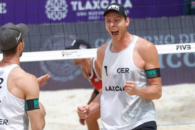 Beach volleyball, Beachvolleyball World Cup Men™s Between Germany and Austria October 11, 2023, Tlaxcala, Mexico: Nils Ehlers of Germany (R) celebrates during the Beach Volleyball World Cup Men s match between Austria and Germany. on October 11, 2023 in Tlaxcala, Mexico. (Photo by Essene Hernandez Eyepix Group) Copyright: xEssenexHernandez xEyepixxGroupx EH_11102023_101065