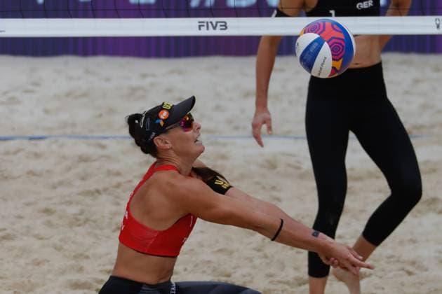 Beach volleyball, Beachvolleyball World Cup - Women™s Match Between Spain and Germany October 11, 2023, Tlaxcala, Mexico: Liliana FernÐ°ndez of Spain competes against team Germany during the Beach Volleyball World Cup W™omen™s match between Germany and Spain. on October 11, 2023 in Tlaxcala, Mexico. (Photo by Essene Hernandez Eyepix Group) Copyright: xEssenexHernandez xEyepixxGroupx EH_11102023_101080