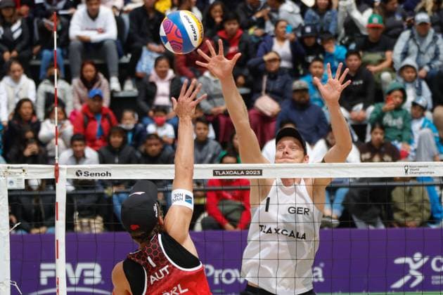 October 11, 2023, Tlaxcala, Mexico: Julian HoÂ¶rl of Austria compete against Nils Ehlers of Germany during the Beach volleyball, Beachvolleyball World Cup Men s match between Austria and Germany. on October 11, 2023 in Tlaxcala, Mexico. Tlaxcala Mexico - ZUMAe321 0307941248st Copyright: xEssenexHernandezx