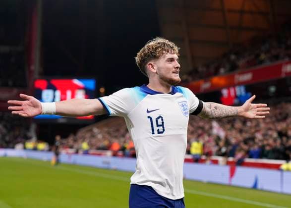 Nottingham, England, 12th October 2023. Harvey Elliott of England celebrates scoring their third goal during the UEFA European Under-21 Championship Qualifier match at the City Ground, Nottingham. Picture credit should read: Andrew Yates Sportimage EDITORIAL USE ONLY. No use with unauthorised audio, video, data, fixture lists, club league logos or live services. Online in-match use limited to 120 images, no video emulation. No use in betting, games or single club league player publications. SPI-2644-0023