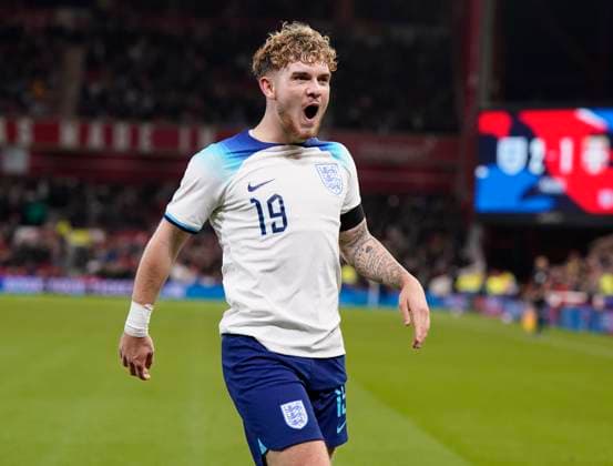 Nottingham, England, 12th October 2023. Harvey Elliott of England celebrates scoring their third goal during the UEFA European Under-21 Championship Qualifier match at the City Ground, Nottingham. Picture credit should read: Andrew Yates Sportimage EDITORIAL USE ONLY. No use with unauthorised audio, video, data, fixture lists, club league logos or live services. Online in-match use limited to 120 images, no video emulation. No use in betting, games or single club league player publications. SPI-2644-0026