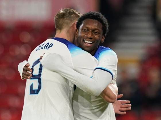 Nottingham, England, 12th October 2023. Noni Madueke of England celebrates scoring their sixth goal during the UEFA European Under-21 Championship Qualifier match at the City Ground, Nottingham. Picture credit should read: Andrew Yates Sportimage EDITORIAL USE ONLY. No use with unauthorised audio, video, data, fixture lists, club league logos or live services. Online in-match use limited to 120 images, no video emulation. No use in betting, games or single club league player publications. SPI-2644-0039