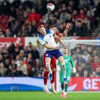 England s Liam Delap & Serbia s Luka Subotic battle in the air between England U-21 and Serbia U-21 at the City Ground, Nottingham, England on 12 October 2023. Copyright: xStuartxLeggettx 38630027