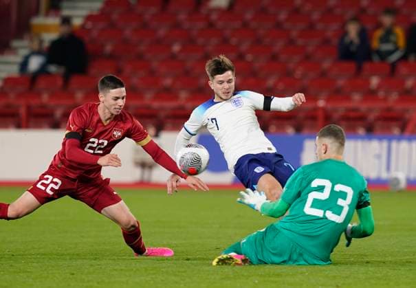 Nottingham, England, 12th October 2023. James McAtee of England has a chance save day Veljiko llic of Serbia during the UEFA European Under-21 Championship Qualifier match at the City Ground, Nottingham. Picture credit should read: Andrew Yates Sportimage EDITORIAL USE ONLY. No use with unauthorised audio, video, data, fixture lists, club league logos or live services. Online in-match use limited to 120 images, no video emulation. No use in betting, games or single club league player publications. SPI-2644-0046