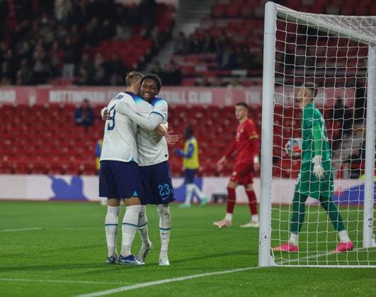 England Under 21 v Serbia U21, U 21 UEFA EURO, EM, Europameisterschaft,Fussball U21 2025 Qualifiers Jaden Philogene of England U21 celebrates scoring the sixth goal for his team with Liam Delap of England U21 during the UEFA Euro U21 2025 Qualifiers Group F match at the City Ground, Nottingham Copyright: xAndyxSumnerx FIL-19103-0071 UK Newspapers OUT