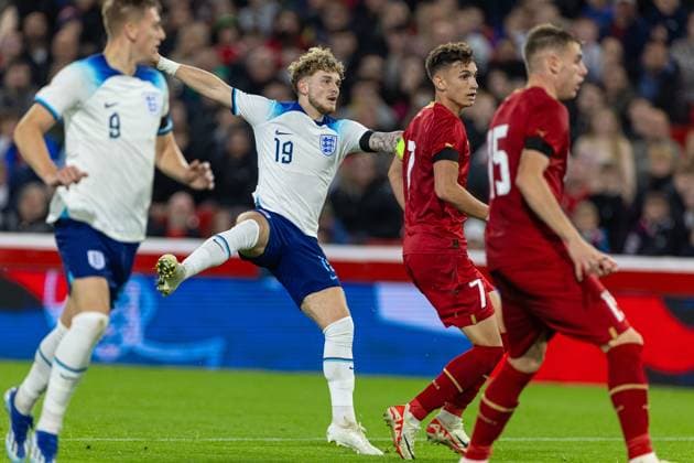 Football - 2025 UEFA European Under-21 Championship - Qualifying Round Group F - England v Serbia NOTTINGHAM, ENGLAND - Thursday, October 12, 2023: England s Harvey Elliott scores the third goal during the 2025 UEFA European Under-21 Championship Qualifying Group F game between England and Serbia at the City Ground. (Photo by David Rawcliffe Propaganda) NOTTINGHAM City Ground NOTTINGHAMSHIRE ENGLAND  Copyright: xDavidxRawcliffex P2023-10-12-England_U21_Serbia_U21-28