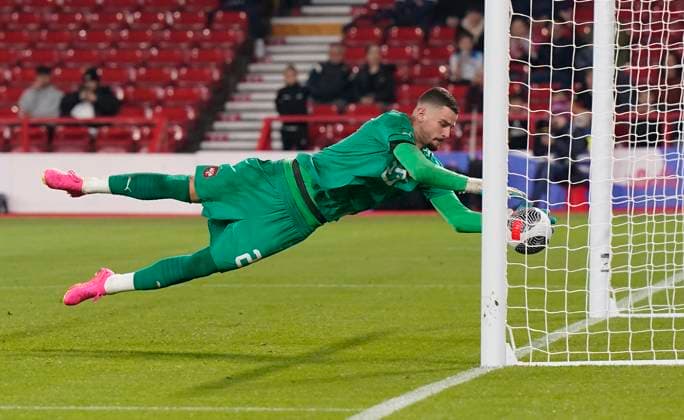 Nottingham, England, 12th October 2023. Veljko llic of Serbia fails to keep the ball out of the net during the UEFA European Under-21 Championship Qualifier match at the City Ground, Nottingham. Picture credit should read: Andrew Yates Sportimage EDITORIAL USE ONLY. No use with unauthorised audio, video, data, fixture lists, club league logos or live services. Online in-match use limited to 120 images, no video emulation. No use in betting, games or single club league player publications. SPI-2644-0053