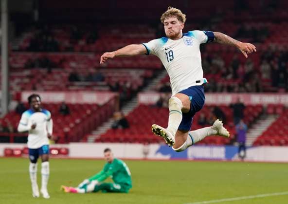 Nottingham, England, 12th October 2023. Harvey Elliott of England celebrates scoring the ninth goal during the UEFA European Under-21 Championship Qualifier match at the City Ground, Nottingham. Picture credit should read: Andrew Yates Sportimage EDITORIAL USE ONLY. No use with unauthorised audio, video, data, fixture lists, club league logos or live services. Online in-match use limited to 120 images, no video emulation. No use in betting, games or single club league player publications. SPI-2644-0059
