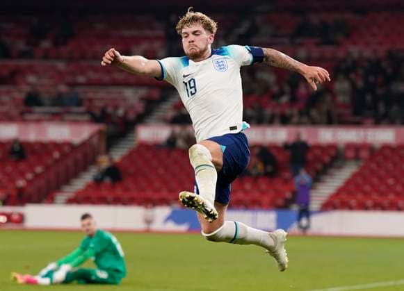 Nottingham, England, 12th October 2023. Harvey Elliott of England celebrates scoring the ninth goal during the UEFA European Under-21 Championship Qualifier match at the City Ground, Nottingham. Picture credit should read: Andrew Yates Sportimage EDITORIAL USE ONLY. No use with unauthorised audio, video, data, fixture lists, club league logos or live services. Online in-match use limited to 120 images, no video emulation. No use in betting, games or single club league player publications. SPI-2644-0060