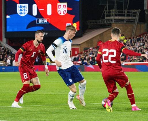 12th October 2023; The City Ground, Nottingham, England; Euro 2025 Group F Qualifier Football, England U21s versus Serbia U21s; Emile Smith Rowe of England on the ball  ActionPlus12563810 GodfreyxPitt