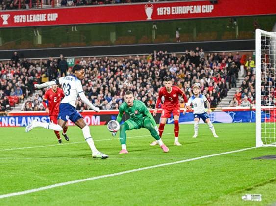 12th October 2023; The City Ground, Nottingham, England; Euro 2025 Group F Qualifier Football, England U21s versus Serbia U21s; Noni Madueke of England shoots at goal but Veljko Ilic of Serbia makes the save  ActionPlus12563844 GodfreyxPitt
