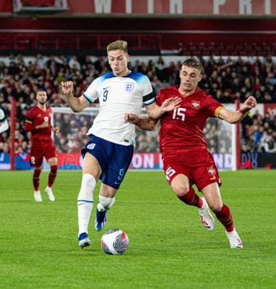 12th October 2023; The City Ground, Nottingham, England; Euro 2025 Group F Qualifier Football, England U21s versus Serbia U21s; Liam Delap of England holds off Luka Subotic of Serbia  ActionPlus12563819 GodfreyxPitt