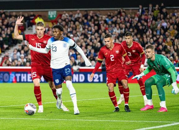12th October 2023; The City Ground, Nottingham, England; Euro 2025 Group F Qualifier Football, England U21s versus Serbia U21s; Jaden Philogene of England holds off Luka Subotic of Serbia  ActionPlus12563823 GodfreyxPitt