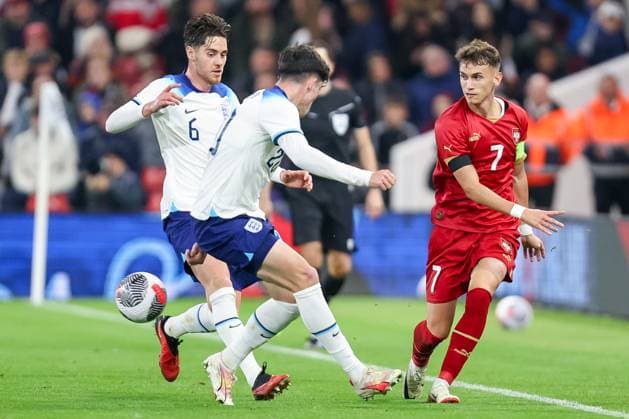 Serbia s 7, S Mitrovic in action during the UEFA U-21 EURO 2025 Qualifier match between England U-21 and Serbia U-21 at the City Ground, Nottingham, England on 12 October 2023. Copyright: xStuartxLeggettx 38630074