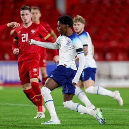 England s Jaden Philogene in attacking action in the area during the UEFA U-21 EURO 2025 Qualifier match between England U-21 and Serbia U-21 at the City Ground, Nottingham, England on 12 October 2023. Copyright: xStuartxLeggettx 38630063