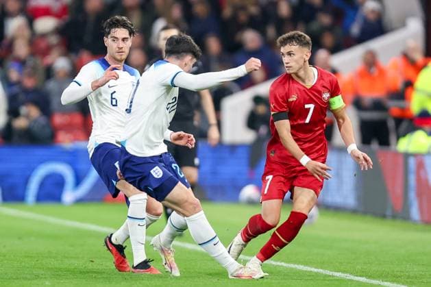 Serbia s 7, S Mitrovic in action during the UEFA U-21 EURO 2025 Qualifier match between England U-21 and Serbia U-21 at the City Ground, Nottingham, England on 12 October 2023. Copyright: xStuartxLeggettx 38630075