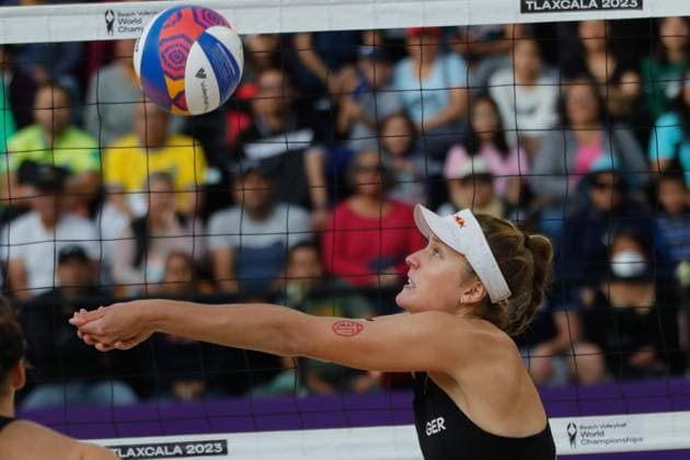 Beach volleyball, Beachvolleyball World Cup Women s Quarterfinals Brazil Vs Germany October 12, 2023, Tlaxcala, Mexico: Svenja Müller of Germany competes against team Brazil during the Beach Volleyball World Cup Women s Quarterfinals between Germany and Brazil. on October 12, 2023 in Tlaxcala, Mexico. (Photo by Essene Hernandez Eyepix Group) Copyright: xEssenexHernandez xEyepixxGroupx EH_12102023_101233