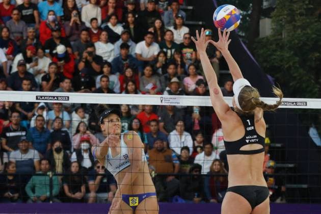 Beach volleyball, Beachvolleyball World Cup - Mexico Svenja Müller of Germany competes against Taina Bigi of Brazil during the Beach Volleyball World Cup Women s Quarterfinals between Germany and Brazil. Tlaxcala, Mexico, October 12, 2023. Photo by Essene Hernandez Eyepix Group ABACAPRESS.COM Tlaxcala Mexico  Copyright: xEyepix ABACAx 871506_029 Eyepix ABACAx 871506_029