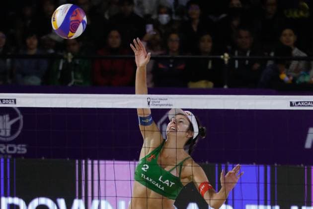 Beach volleyball, Beachvolleyball World Cup Women s Quarterfinals Latvia Vs USA October 12, 2023, Tlaxcala, Mexico: Anastasija Samoilova of Latvia competes against team USA during the Beach Volleyball World Cup Women s Quarterfinals between USA and Latvia. on October 12, 2023 in Tlaxcala, Mexico. (Photo by Essene Hernandez Eyepix Group) Copyright: xEssenexHernandez xEyepixxGroupx EH_12102023_101303