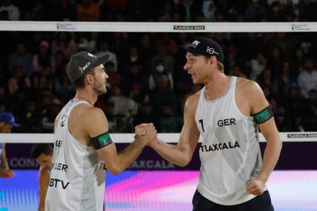 Beach volleyball, Beachvolleyball World Cup M™en™s Quarterfinals Germany Vs Poland October 12, 2023, Tlaxcala, Mexico: Nils Ehlers (R) and Clemens Wickler of Germany compite against team Poland during the Beach Volleyball World Cup Women s Quarterfinals between USA and Latvia. on October 12, 2023 in Tlaxcala, Mexico. (Photo by Essene Hernandez Eyepix Group) Copyright: xEssenexHernandez xEyepixxGroupx EH_12102023_101262