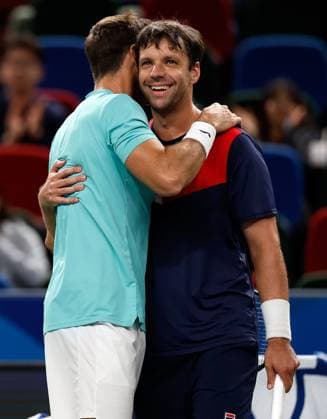 (231013) -- SHANGHAI, Oct. 13, 2023 -- Marcel Granollers (L) of Spain Horacio Zeballos of Argentina celebrate after winning the men s doubles semifinal between Marcel Granollers of Spain Horacio Zeballos of Argentina and Rinky Hijikata of Australia Cameron Norrie of Britain at the ATP, Tennis Herren World Tour Shanghai Masters tennis tournament at Qizhong Forest Sports City Arena in Shanghai, east China, Oct. 13, 2023. ) (SP)CHINA-SHANGHAI-TENNIS-ATP TOUR-SHANGHAI MASTERS(CN) WangxLili 