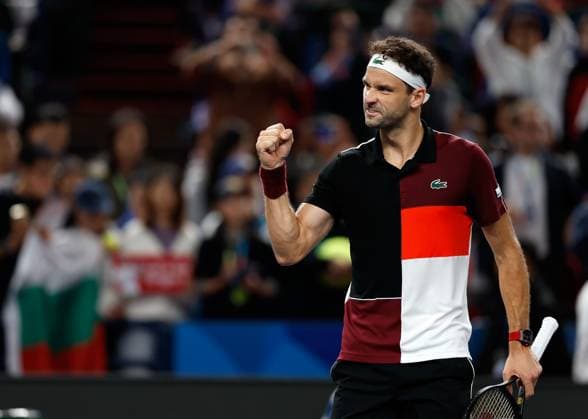 (231013) -- SHANGHAI, Oct. 13, 2023 -- Grigor Dimitrov celebrates after winning the men s singles quaterfinal between Grigor Dimitrov of Bulgaria and Nicolas Jarry of Chile at the ATP, Tennis Herren World Tour Shanghai Masters tennis tournament at Qizhong Forest Sports City Arena in Shanghai, east China, Oct. 13, 2023. ) (SP)CHINA-SHANGHAI-TENNIS-ATP TOUR-SHANGHAI MASTERS(CN) WangxLili 