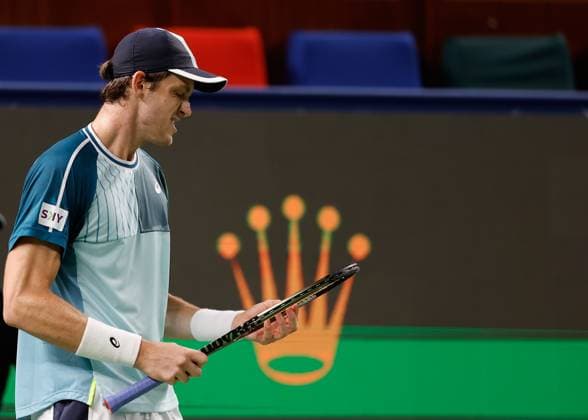 (231013) -- SHANGHAI, Oct. 13, 2023 -- Nicolas Jarry reacts during the men s singles quaterfinal between Grigor Dimitrov of Bulgaria and Nicolas Jarry of Chile at the ATP, Tennis Herren World Tour Shanghai Masters tennis tournament at Qizhong Forest Sports City Arena in Shanghai, east China, Oct. 13, 2023. ) (SP)CHINA-SHANGHAI-TENNIS-ATP TOUR-SHANGHAI MASTERS(CN) WangxLili 