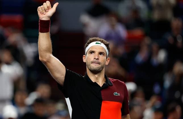 (231013) -- SHANGHAI, Oct. 13, 2023 -- Grigor Dimitrov greets spectators after winning the men s singles quaterfinal between Grigor Dimitrov of Bulgaria and Nicolas Jarry of Chile at the ATP, Tennis Herren World Tour Shanghai Masters tennis tournament at Qizhong Forest Sports City Arena in Shanghai, east China, Oct. 13, 2023. ) (SP)CHINA-SHANGHAI-TENNIS-ATP TOUR-SHANGHAI MASTERS(CN) WangxLili 