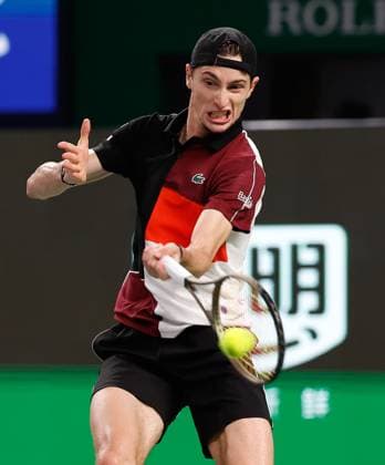 (231013) -- SHANGHAI, Oct. 13, 2023 -- Ugo Humbert competes during the men s singles quaterfinal between Ugo Humbert of France and Andrey Rublev of Russia at the ATP, Tennis Herren World Tour Shanghai Masters tennis tournament at Qizhong Forest Sports City Arena in Shanghai, east China, Oct. 13, 2023. ) (SP)CHINA-SHANGHAI-TENNIS-ATP TOUR-SHANGHAI MASTERS(CN) WangxLili 