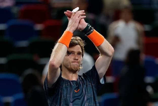 (231013) -- SHANGHAI, Oct. 13, 2023 -- Andrey Rublev of Russia celebrates after the men s singles quaterfinal between Ugo Humbert of France and Andrey Rublev of Russia at the ATP, Tennis Herren World Tour Shanghai Masters tennis tournament at Qizhong Forest Sports City Arena in Shanghai, east China, Oct. 13, 2023. ) (SP)CHINA-SHANGHAI-TENNIS-ATP TOUR-SHANGHAI MASTERS(CN) WangxLili 
