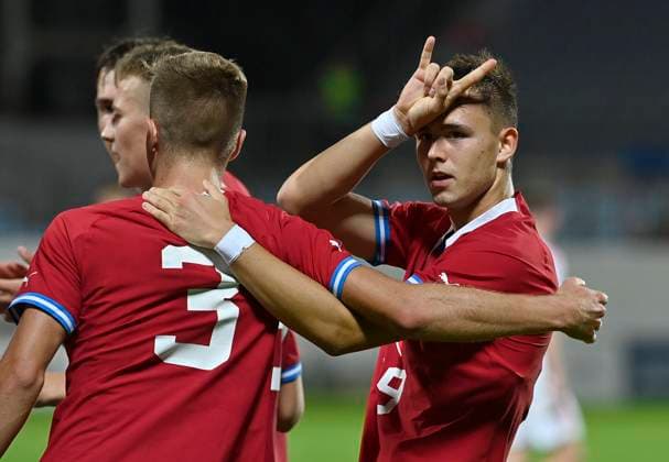 Matej Jurasek (CZE), right, scorer of the first goal, celebrates among his teammates during the European Under-21 Championship 2025 qualification match Czech Republic - Wales, in Ceske Budejovice, Czech Republic, on October 13, 2023. (CTKxPhoto LubosxPavlicek) CTKPhotoP2023101308997  CTKPhotoP2023101308997